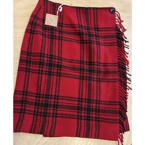 VTG Red Black Plaid Wool Blend Wrap Skirt 4 Fringe Country Preppy Academia Chic